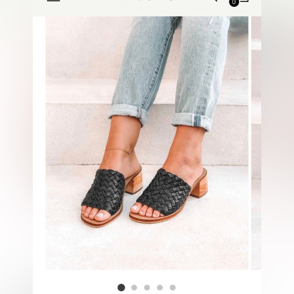 Black Leather Mules with Woven Design